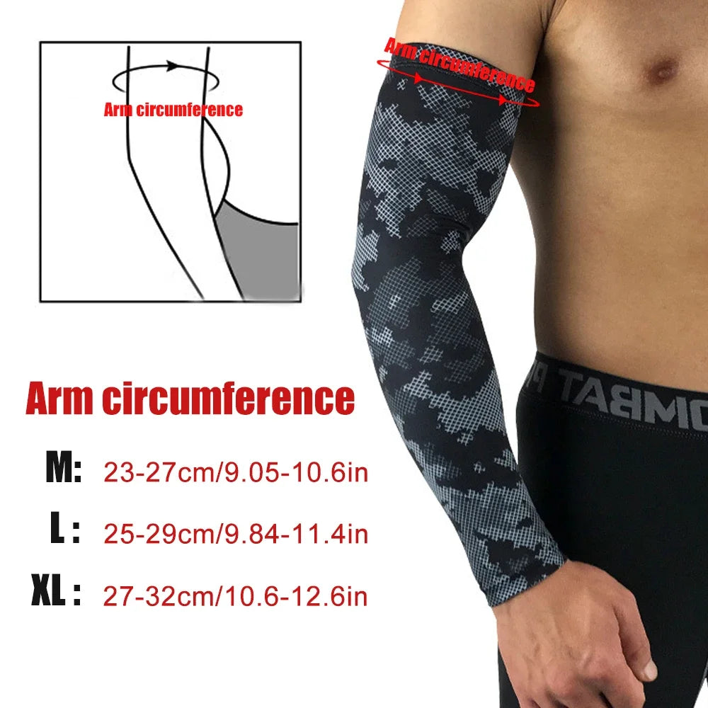Black patterned compression arm sleeves shown on a person's arm, with size measurements provided.