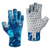 A pair of blue and gray fingerless sun gloves for outdoor activities shown side by side.