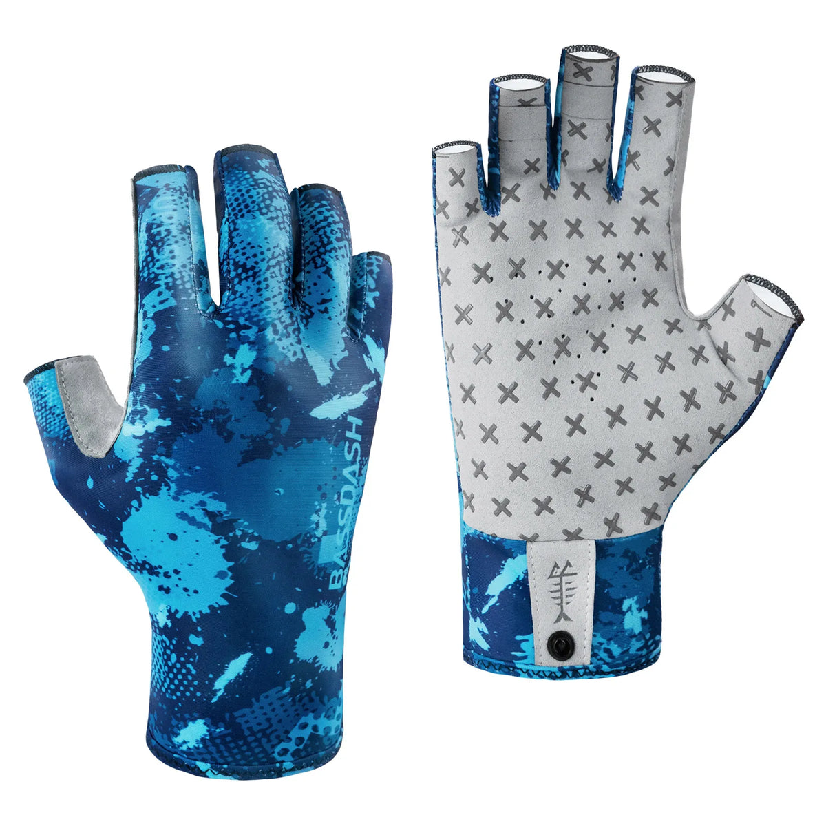 A pair of blue and gray fingerless sun gloves for outdoor activities shown side by side.