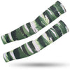 A pair of tactical camouflage arm sleeves featuring green and white striped patterns.