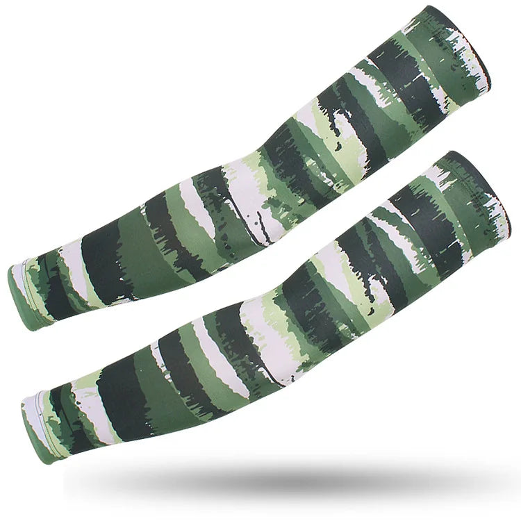 A pair of tactical camouflage arm sleeves featuring green and white striped patterns.