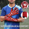 A man wearing a blue shirt holds red performance football goalkeeper gloves, highlighting lightweight materials and an innova
