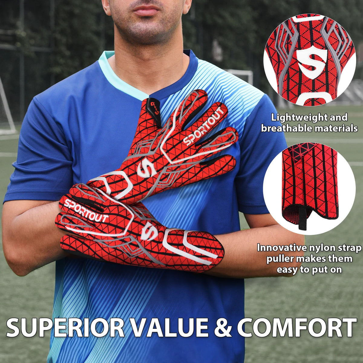 A man wearing a blue shirt holds red performance football goalkeeper gloves, highlighting lightweight materials and an innova