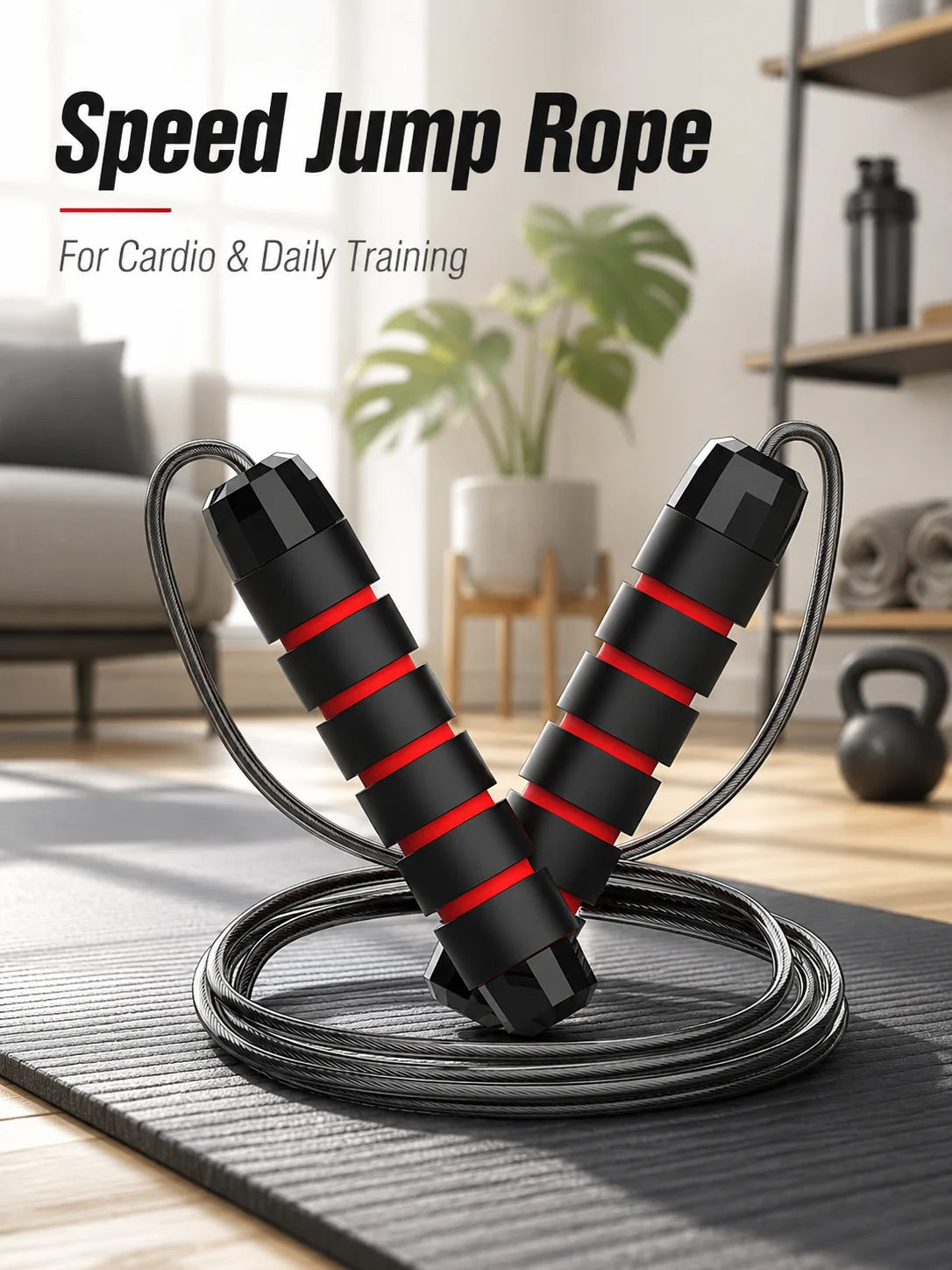 A pair of black and red adjustable weighted speed jump ropes lying on a black mat.