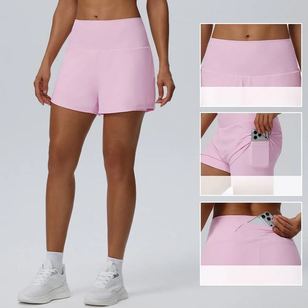 A woman models pink women's quick dry athletic shorts in a full-body shot and close-ups.