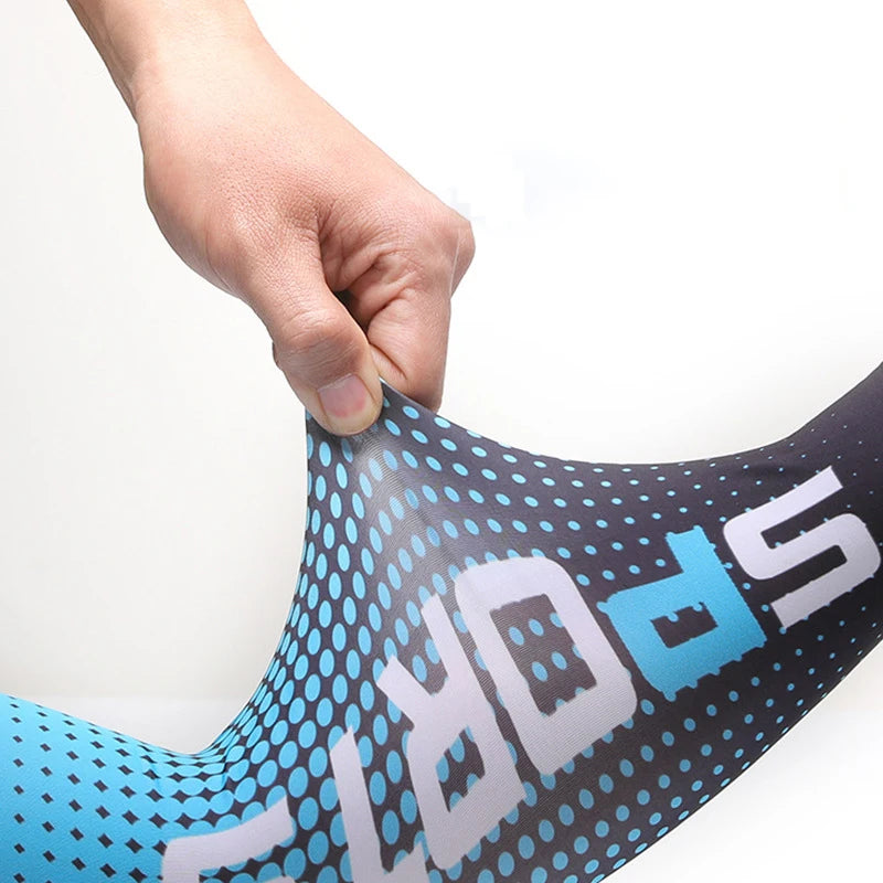A hand is pulling on a black and light blue UPF 50+ cool sleeve for outdoor sports.