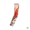A rolled reusable stretch tattoo arm sleeve featuring a fiery design and skull graphics.