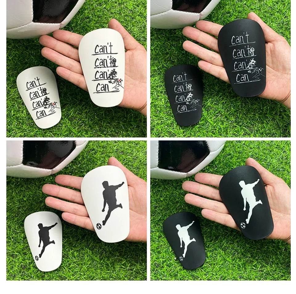 A set of mini wear-resistant shin guards for soccer and sports shown in various colors and angles on hands.