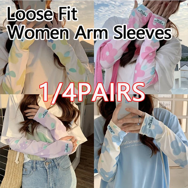 Four pairs of loose fit women's floral ice silk sun protection arm sleeves shown on a model.