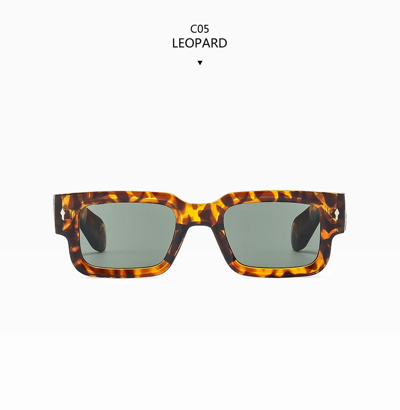 Tortoiseshell leopard print square sunglasses with brown frames and green lenses