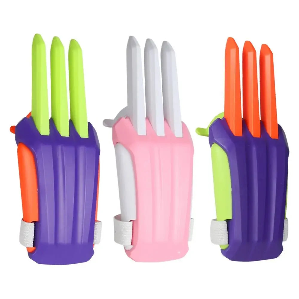 A set of colorful carrot-shaped fidget toys for stress relief, featuring orange, green, and white fingers.