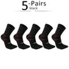 Five pairs of black men's sport compression socks laid out flat.