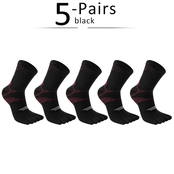 Five pairs of black men's sport compression socks laid out flat.