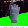 Gray fingerless cycling and fitness gloves shown against a dark background with text highlighting air permeability design.