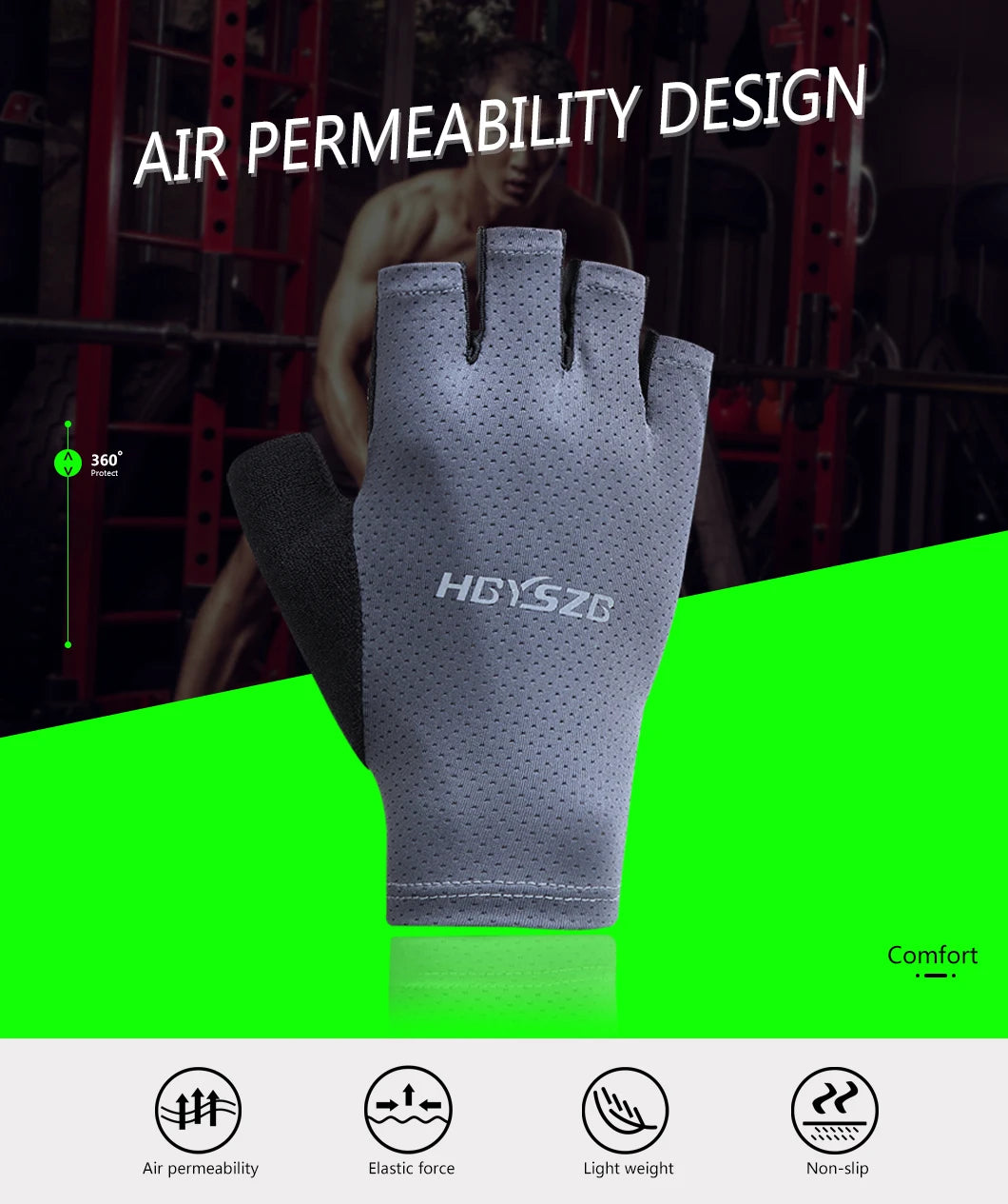 Gray fingerless cycling and fitness gloves shown against a dark background with text highlighting air permeability design.