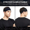 A man wearing a black stretchy and breathable sports headband on his forehead.