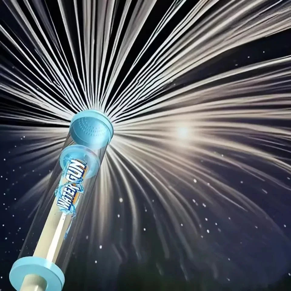 A water gun is firing a bright stream of water, creating a starburst effect against a dark background.