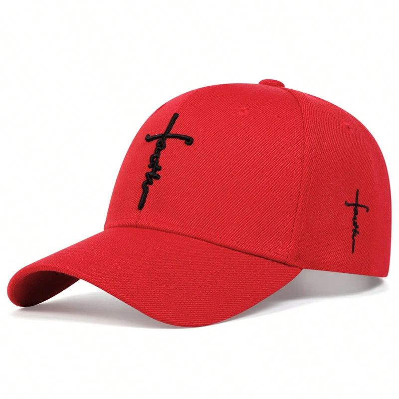 A red unisex embroidered snapback baseball cap with black script lettering on the front.