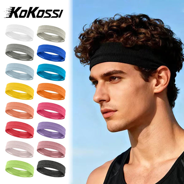 Männliches Model trägt ein schwarzes elastisches Sport-Headband für Haar und Fitness, im Profil.