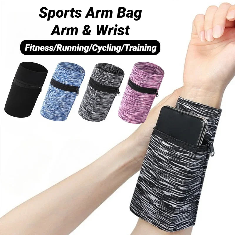 A hand is wearing a black zippered wrist bag for phone and key card, shown alongside various colored sports arm bags.