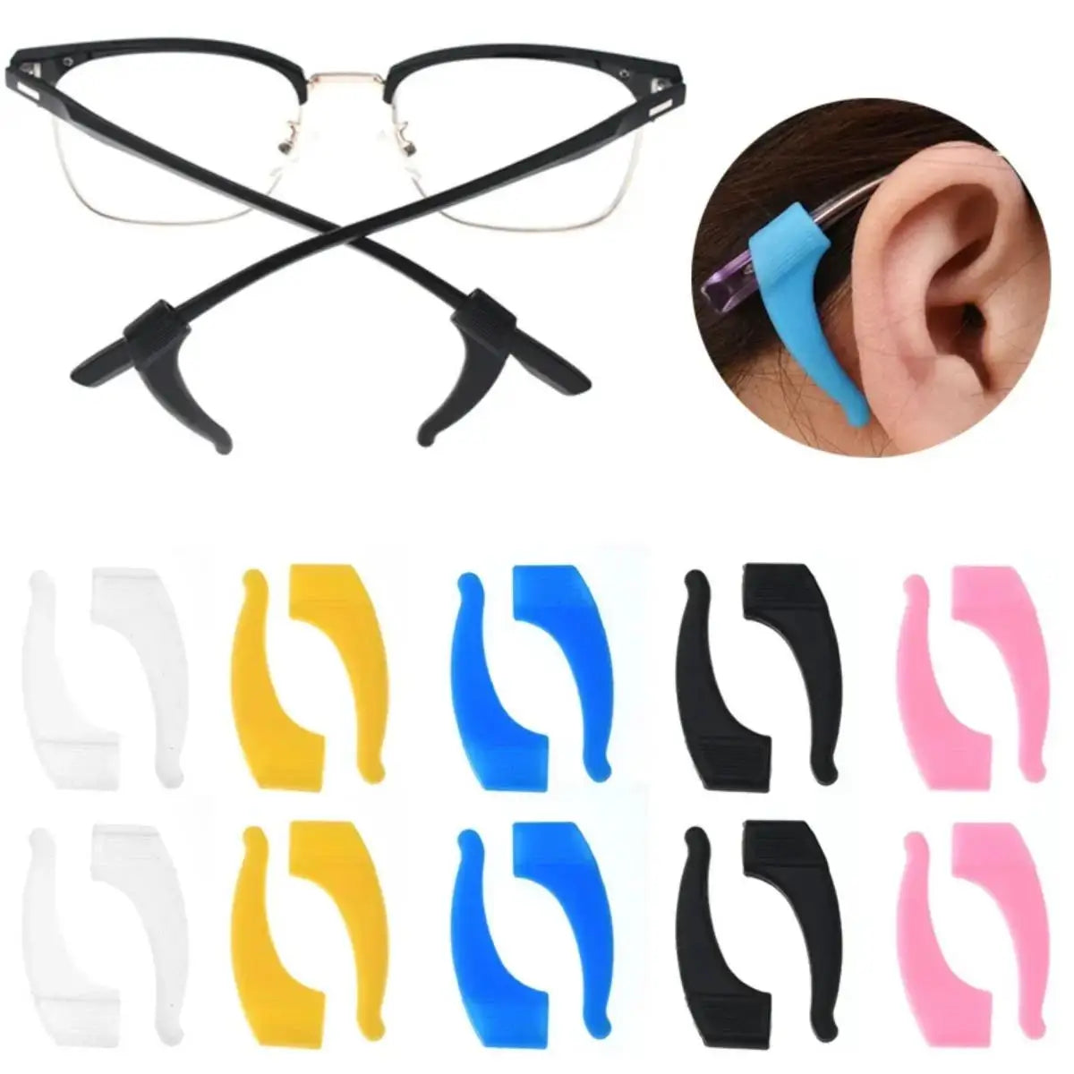 Diverss grips en silicone antidérapants pour lunettes de différentes couleurs : noir, jaune, bleu et rose.
