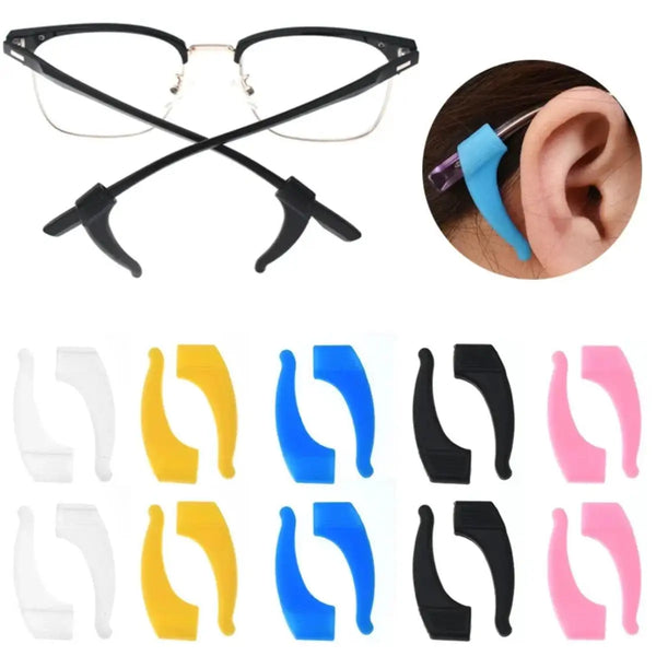 A variety of anti-slip silicone eyeglass grips in black, yellow, blue, and pink colors.