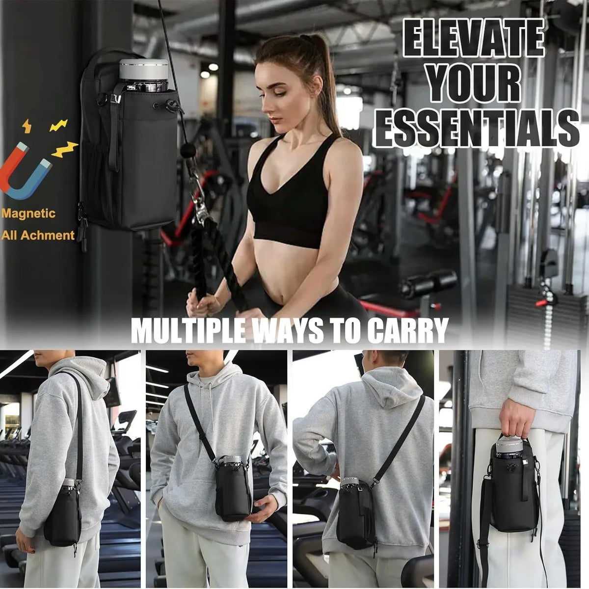A woman is shown using a black magnetic water bottle bag for keys and phone in a gym setting.