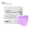 A package of 100 purple lavender scent floor cleaning tablets and a stack of purple cleaning sheets.