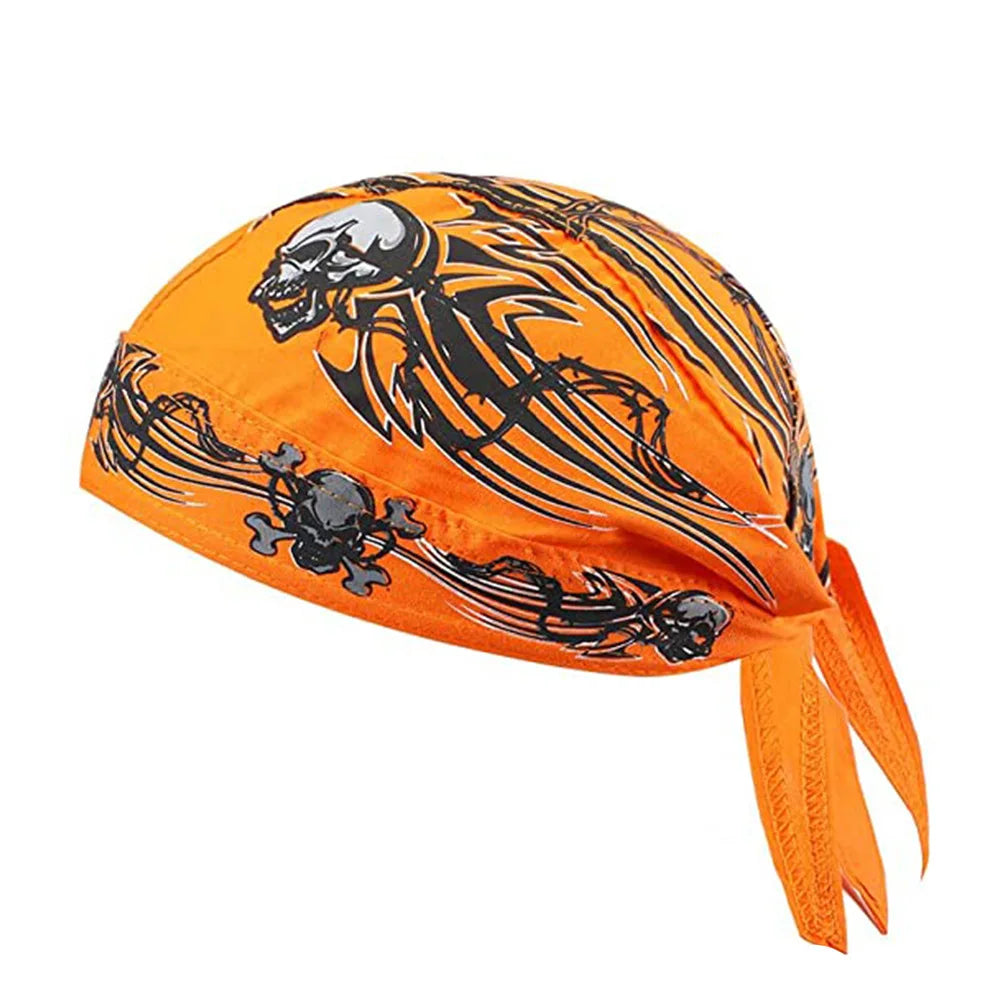 Bandana o pañuelo de ciclista naranja con calavera pirata y diseño de calavera negra