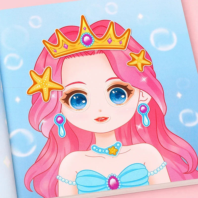 Una linda niña de dibujos animados con cabello rosa y una corona de oro, vistiendo ropa azul y pegatinas brillantes en la car
