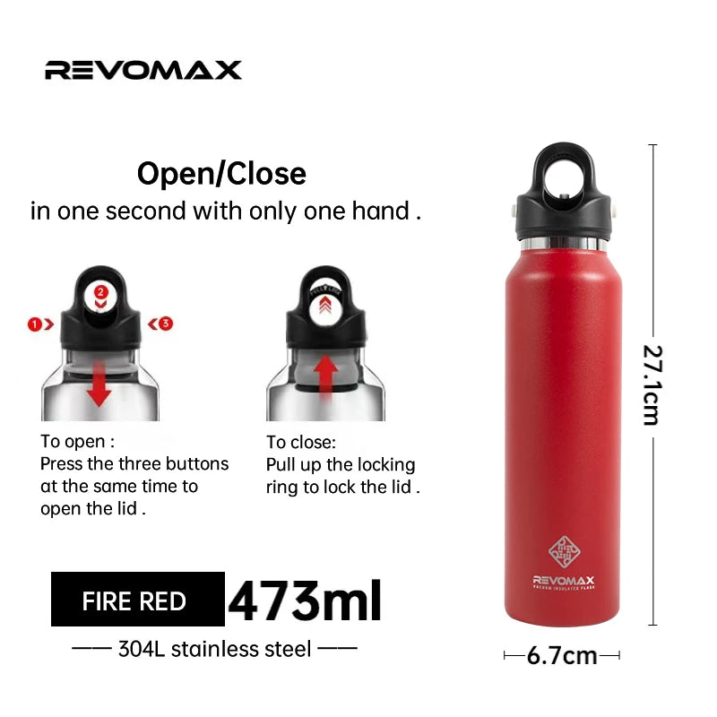 A red REVOMAX insulated thermos bottle with a black lid, showing open and closed states.