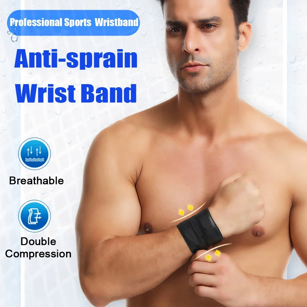 A man wearing an anti-sprain wrist band on his forearm, demonstrating the breathable and double compression features.