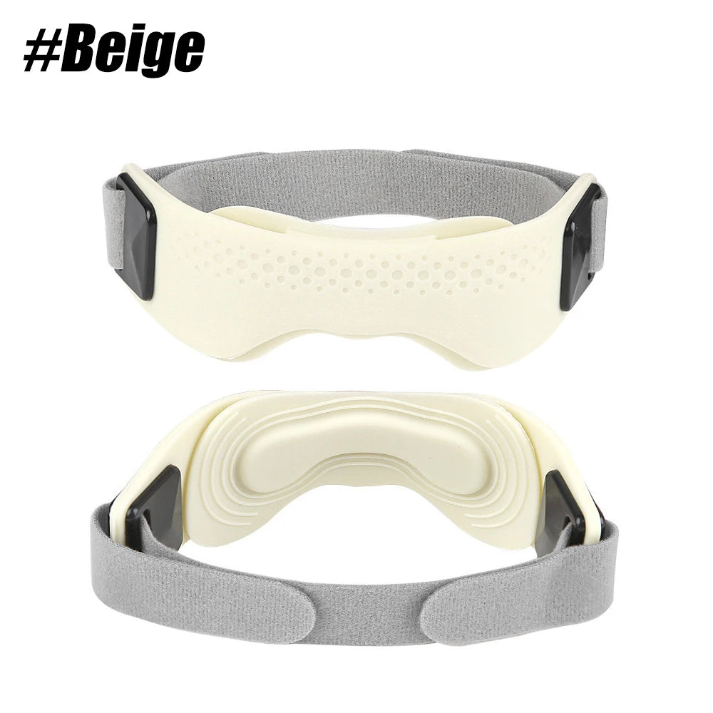 A beige knee patella support strap shown in two views, highlighting its contoured design and adjustable strap.