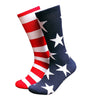 A pair of decorative striped flag socks featuring red and white stripes and stars