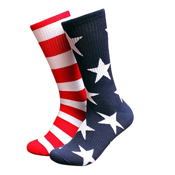 A pair of decorative striped flag socks featuring red and white stripes and stars