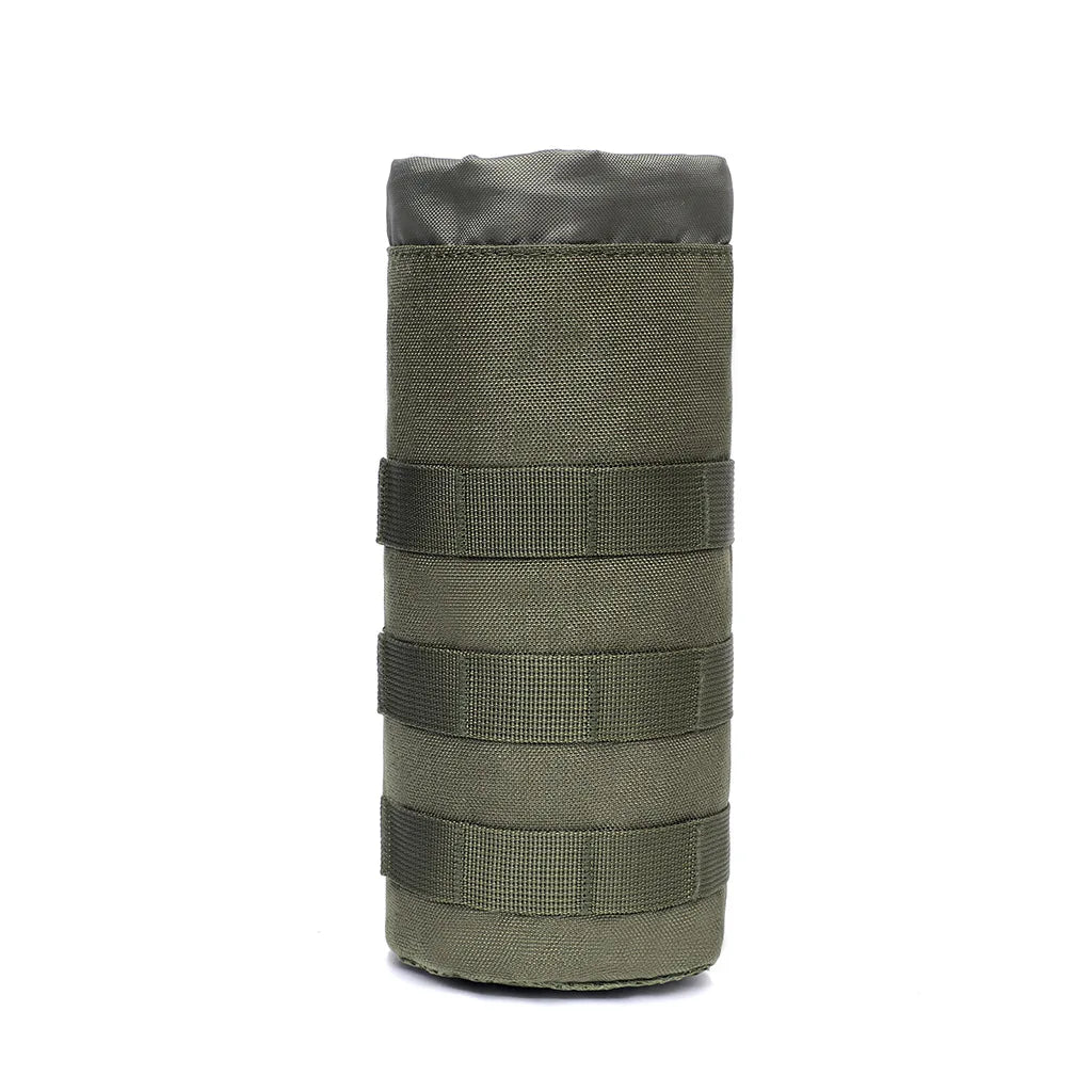 Olive green tactical MOLLE water bottle pouch with multiple adjustable straps