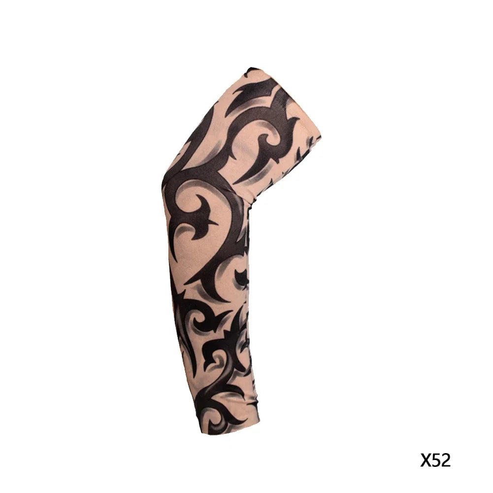 A black and beige reusable stretch tattoo arm sleeve featuring an ornate, swirling pattern.