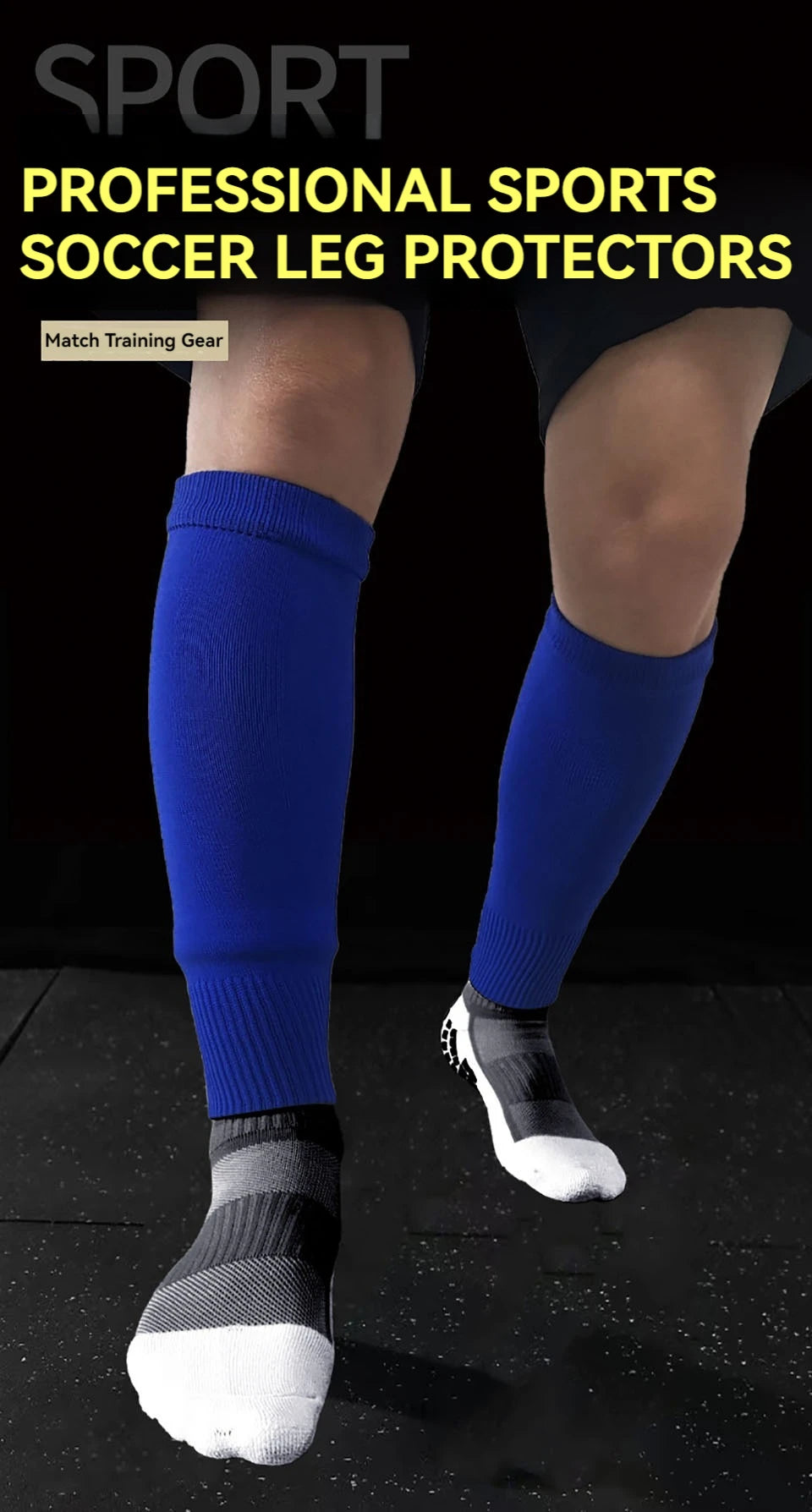 A pair of blue soccer leg protectors and cleats are shown on a person's legs.