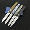 A set of four Liverelle precision folding pocket knives displayed on a dark surface.