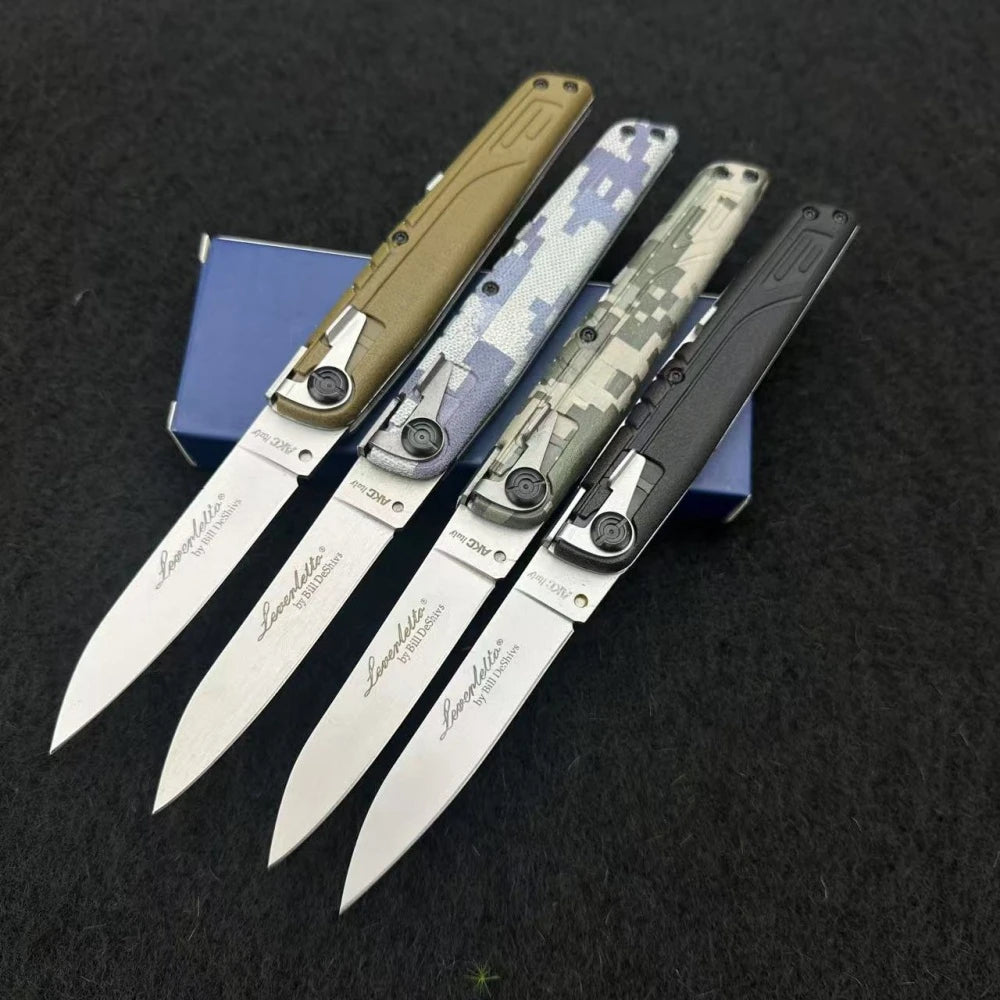 A set of four Liverelle precision folding pocket knives displayed on a dark surface.