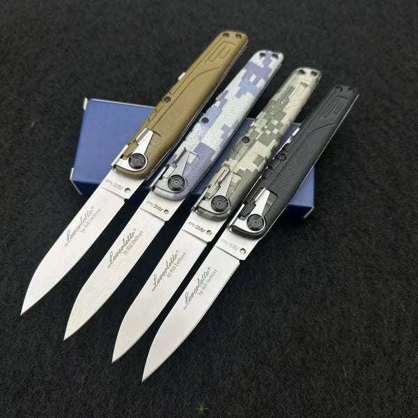 A set of four Liverelle precision folding pocket knives displayed on a dark surface.