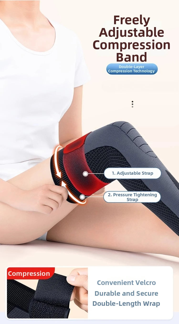 A close-up of a black compression band being applied to a person's knee, showing the adjustable strap and pressure tightening