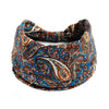 Gemustertes blau-orangefarbenes Baumwoll-Yoga-Headband mit breitem Rand.