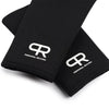 Black neoprene knee pads with a white 'R' logo and personal record text shown diagonally.