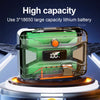 A clear green lithium battery pack for an LED headlamp with a digital display showing 100% charge.