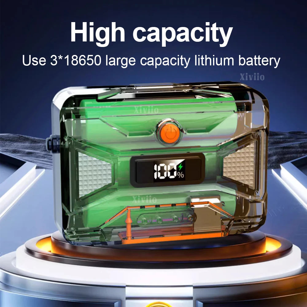 A clear green lithium battery pack for an LED headlamp with a digital display showing 100% charge.