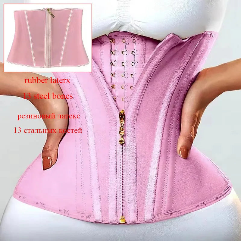 Pink double compression waist trainer corset body shaper with zipper and steel bones