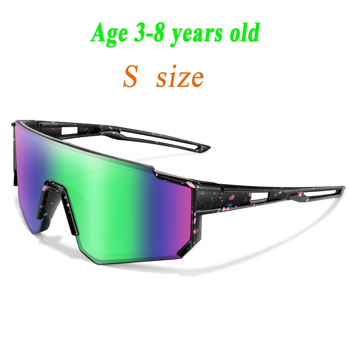 A pair of purple and green UV protection baseball sunglasses for children.