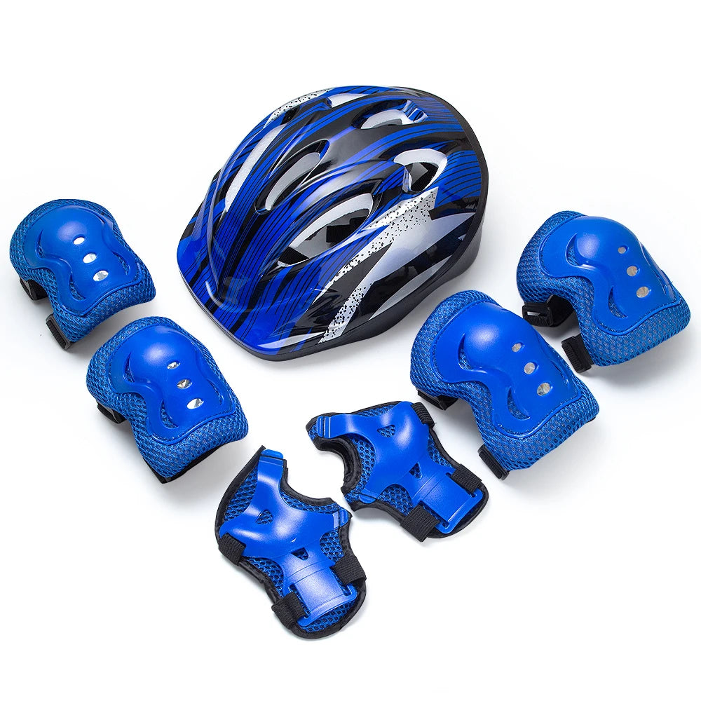 Blau-schwarzes 3-in-1 Schutzset für Kinder, inklusive Helm, Knieschoner und Ellbogenschützer.