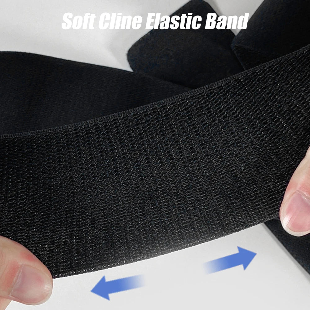 Black soft cline elastic band being held and stretched to show its flexibility